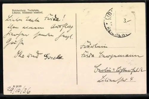 AK Reichenberg, Tuchplatz mit Strassenbahn