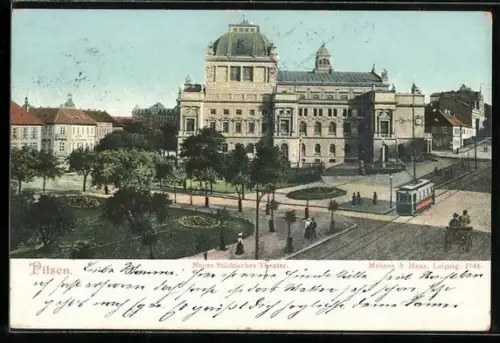 AK Pilsen, Neues Städtisches Theater mit Strassenbahn