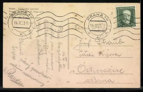 AK Prag, Wenzelsplatz mit Denkmal und Strassenbahn