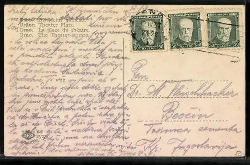 AK Brünn, Theater-Platz mit Strassenbahn