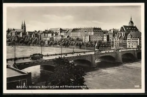 AK Basel, Mittlere Rheinbrücke mit Strassenbahn und Rheinpanorama