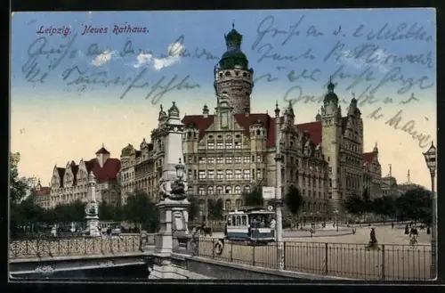 AK Strassenbahn vor dem Neuen Rathaus von Leipzig