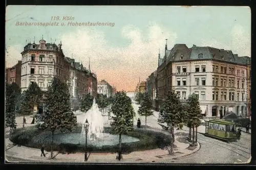 AK Köln-Neustadt, Barbarossaplatz und Hohenstaufenring mit Cigarrengeschäft und Strassenbahn