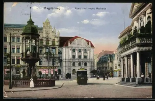 AK Magdeburg, Strassenbahn am alten und neuen Rathaus