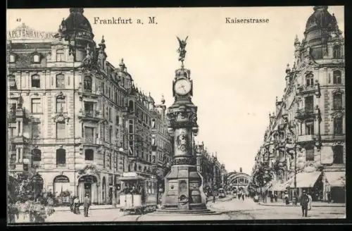 AK Frankfurt, Kaiserstrasse mit Strassenbahn und Uhrtürmchen, Tapetenhaus Jost
