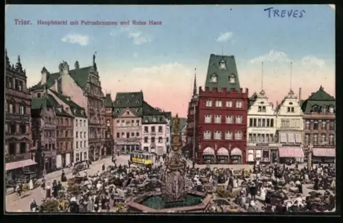 AK Trier, Hauptmarkt mit Petrusbrunnen und Rotes Haus, Strassenbahn