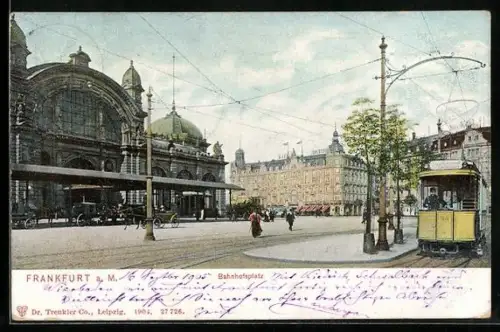 AK Frankfurt a. M., Bahnhof und Bahnhofsplatz mit Strassenbahn