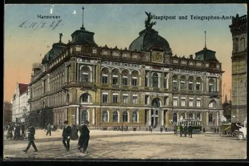 AK Hannover, Hauptpost und Telegraphen-Amt mit Strassenbahn