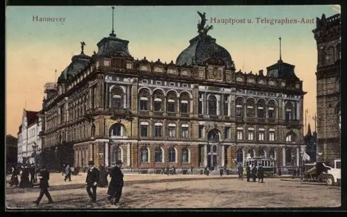 AK Hannover, Hauptpost und Telegraphen-Amt mit Strassenbahn