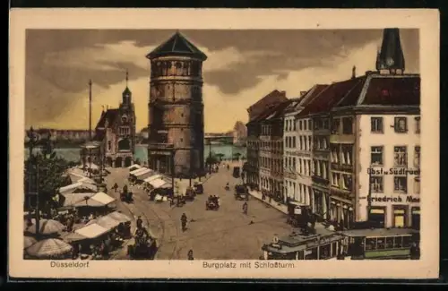 AK Düsseldorf, Burgplatz mit Schlossturm und Strassenbahn