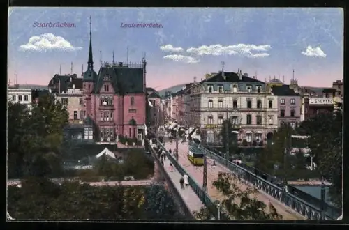 AK Saarbrücken, Strassenbahnverkehr auf der Louisenbrücke