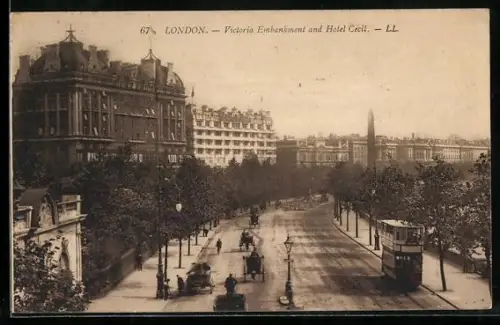 AK London, Victoria-Embankment and Hotel Cecil, Strassenabhn, Strassenbahn