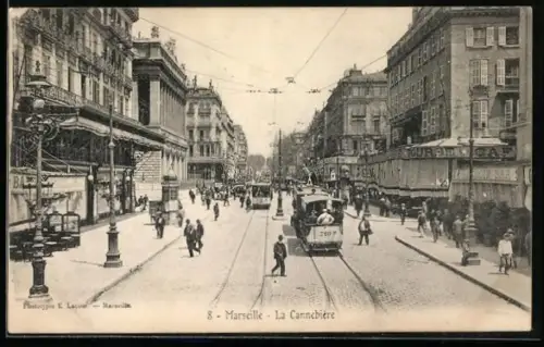 AK Marseille, La Cannebiere, Strassenpartie mit Strassenbahn