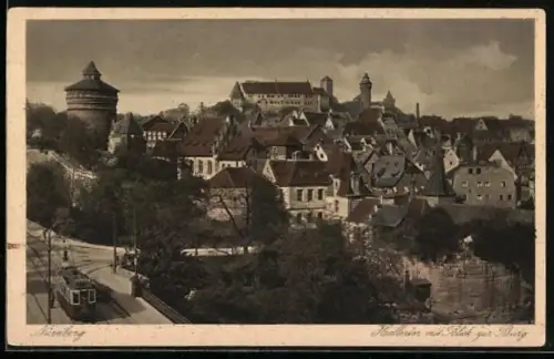 AK Nürnberg, Hallentor mit Strassenbahn und Blick zur Burg