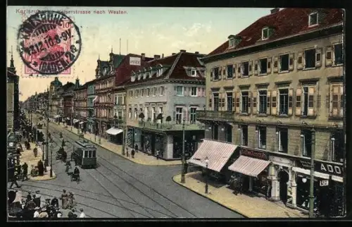 AK Karlsruhe, Kaiserstrasse mit Strassenbahn nach Westen