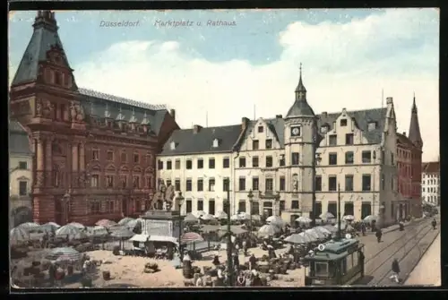 AK Düsseldorf, Marktplatz und Rathaus mit Strassenbahn
