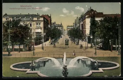 AK Mannheim, Heidelbergstrasse mit Strassenbahn und Fontäne