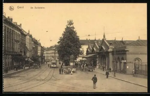 AK Gent, De Zuidstatie, Strassenbahn