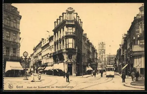 AK Gent, Hoek der Brabent en Vlaandernstraat, Strassenbahn