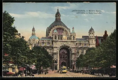 AK Anvers, Gare Centrale, Strassenbahn