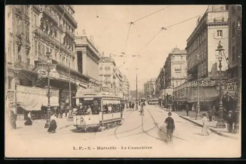 AK Marseille, La Cannebière, Strassenbahn