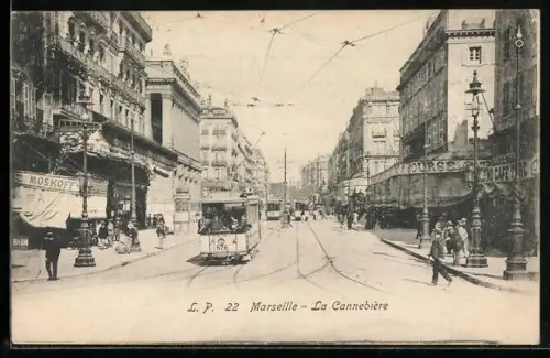 AK Marseille, La Cannebière, Strassenbahn