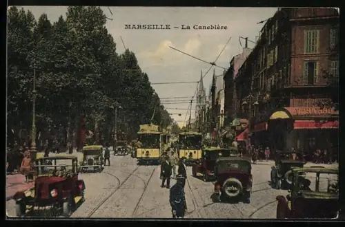 AK Marseille, La Canebière, Strassenbahn