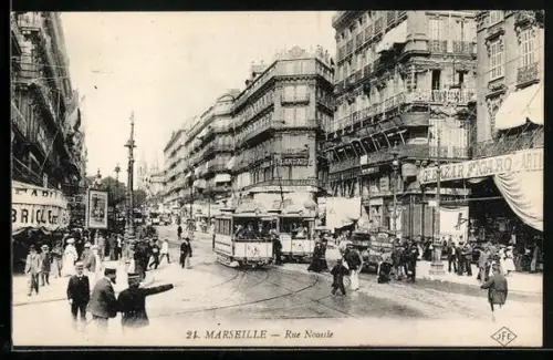 AK Marseille, Rue Noailles, Strassenbahn