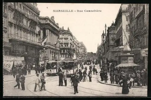 AK Marseille, Rue Cannebière, Strassenbahn