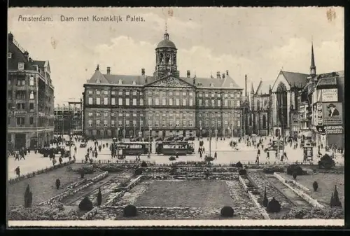 AK Amsterdam, Dam met Koninklijk Paleis, Strassenbahn