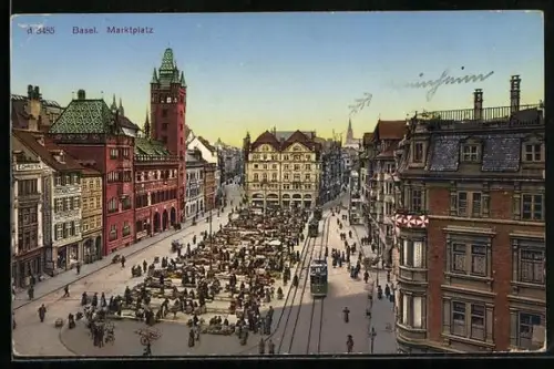 AK Basel, Marktplatz mit Strassenbahn