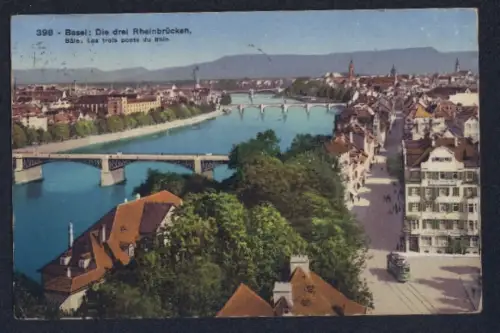 AK Basel, Die drei Rheinbrücken und Strassenbahn