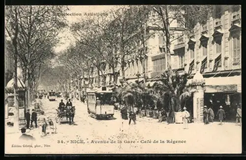 AK Nice, Avenue de la Gare, Strassenpartie mit Pferdekutsche, Strassenbahn