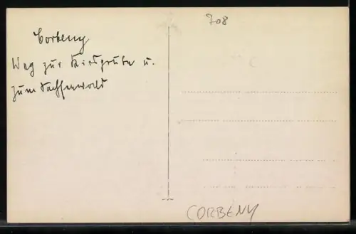AK Corbeny, Vue sur les ruines près de l`eau et chemin traversant