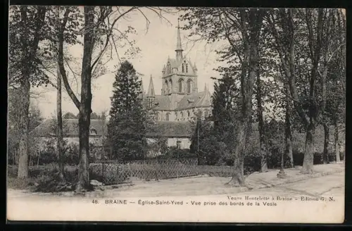 AK Braine, Église Saint-Yved, vue prise des bords de la Vesle