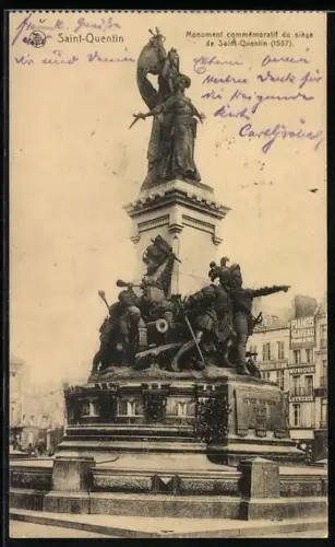 AK Saint-Quentin, Monument commémoratif du siège de 1557 avec sculptures détaillées