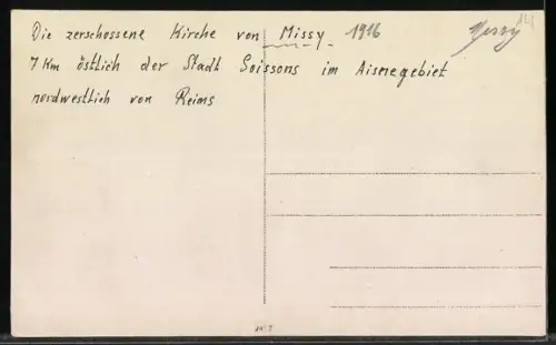 Foto-AK Missy, Zerschossene Kirche im Ort