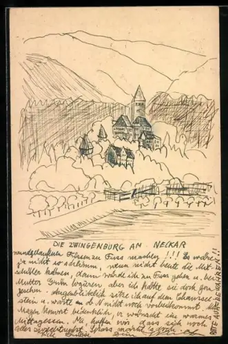 Künstler-AK Handgemalt: Zwingenberg am Neckar, Ortsansicht mit Schloss