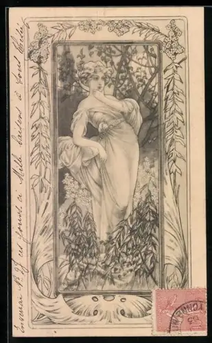 Künstler-AK M. Munk Nr. 122: Schönheit in nachdenklicher Pose, Jugendstil-Ornamentik