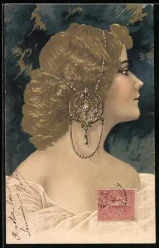 Lithographie Maid mit güldenem Haar und Jugendstil-Kopfschmuck