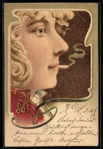 Künstler-AK Kleiner Mann im Anzug zündet sich Zigarette beim grossen Mann an, Jugendstil