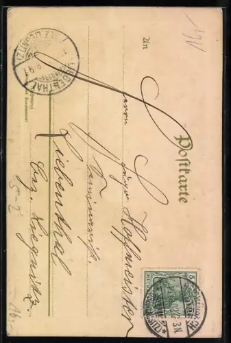 Künstler-AK Kleiner Mann im Anzug zündet sich Zigarette beim grossen Mann an, Jugendstil