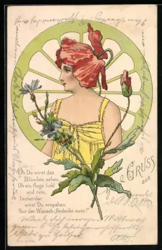 AK Zierliche Dame im gelben Kleid in Jugendstil typischem Stil