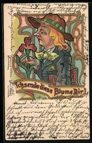 Lithographie Ich sende diese Blume Dir!, Blonder Mann mit Hut, Jugendstil