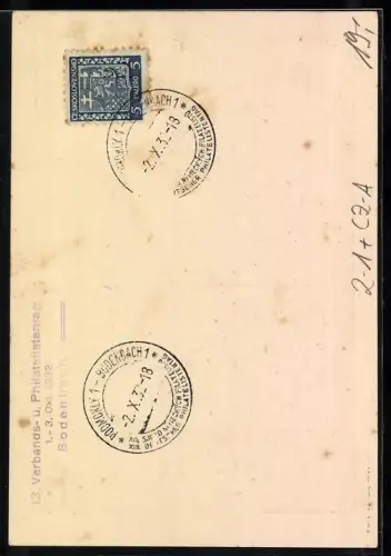 AK Bodenbach, 13. Verbands- u. Philatelistentag des Deutsch. Phil. Verb. i. d. CSR 1932, Ausstellung