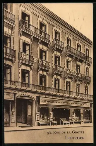 AK Lourdes, Hôtel du Vatican, facade sur la rue de la Grotte