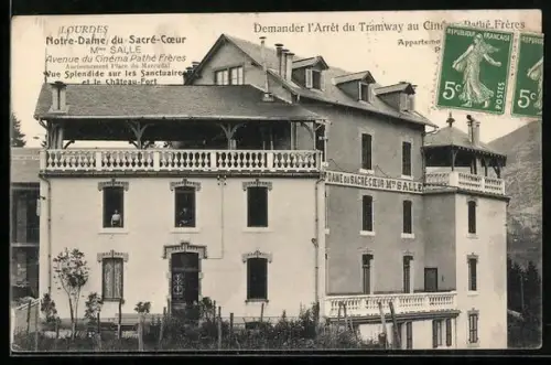 AK Lourdes, Notre-Dame du Sacré-Coeur, Cinéma Pathé Frères et arrêt du tramway