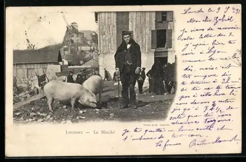 AK Lourdes, Le Marché avec des cochons et un homme en tenue traditionnelle