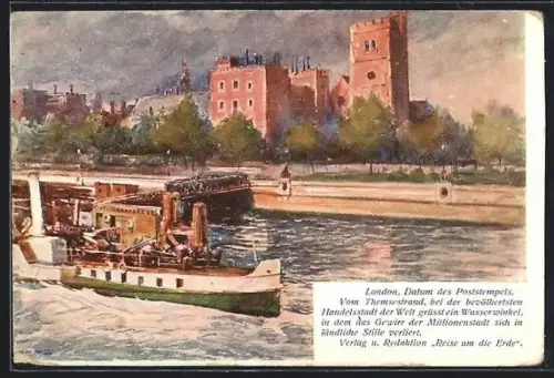 Künstler-AK London, Themsestrand mit Dampfer und Gebäudepanorama