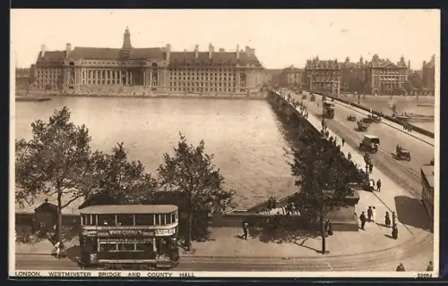 AK London, Westminster Bridge an County Hall, Strassenbahn